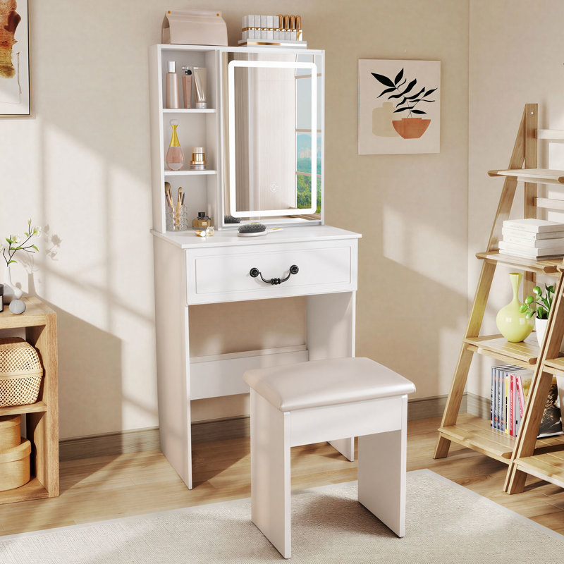 Modern Makeup Vanity with Adjustable LED-lit Mirror with Padded Stool, For Apartment and Small Space