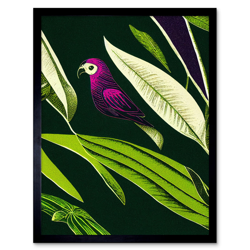 Pink Parrot Tropical Plant Leaves Linocut - Single Picture Frame Print