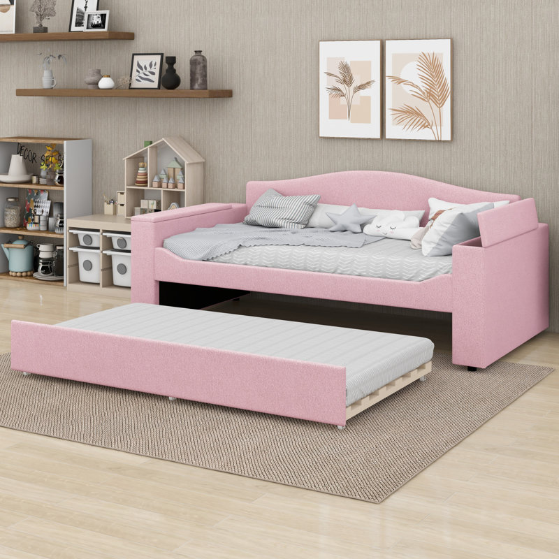 Upholstered Daybed With Storage Armrests, Trundle And Latest Integrated Bluetooth Audio System, Teddy Fleece,, Pink