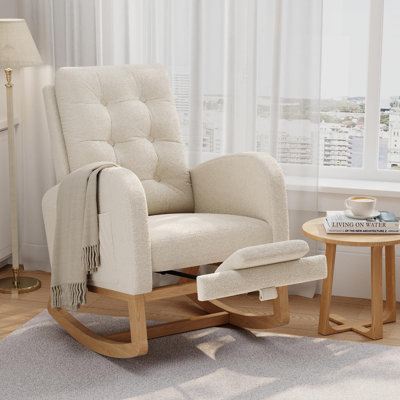 Chaise berçante avec repose-pieds réglable - dossier haut, revêtement ergonomique Boucle, pieds robustes en bois, poche latérale