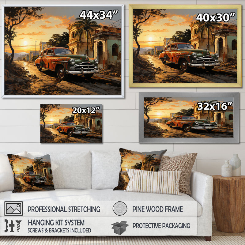 «Cuba Havana Sunset», art mural paysage de Cuba, H 24 po x l 32 po x P 1 po, Toile tendue