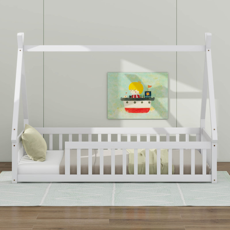 Lit simple en bois en forme de tente avec garde-corps, Blanc