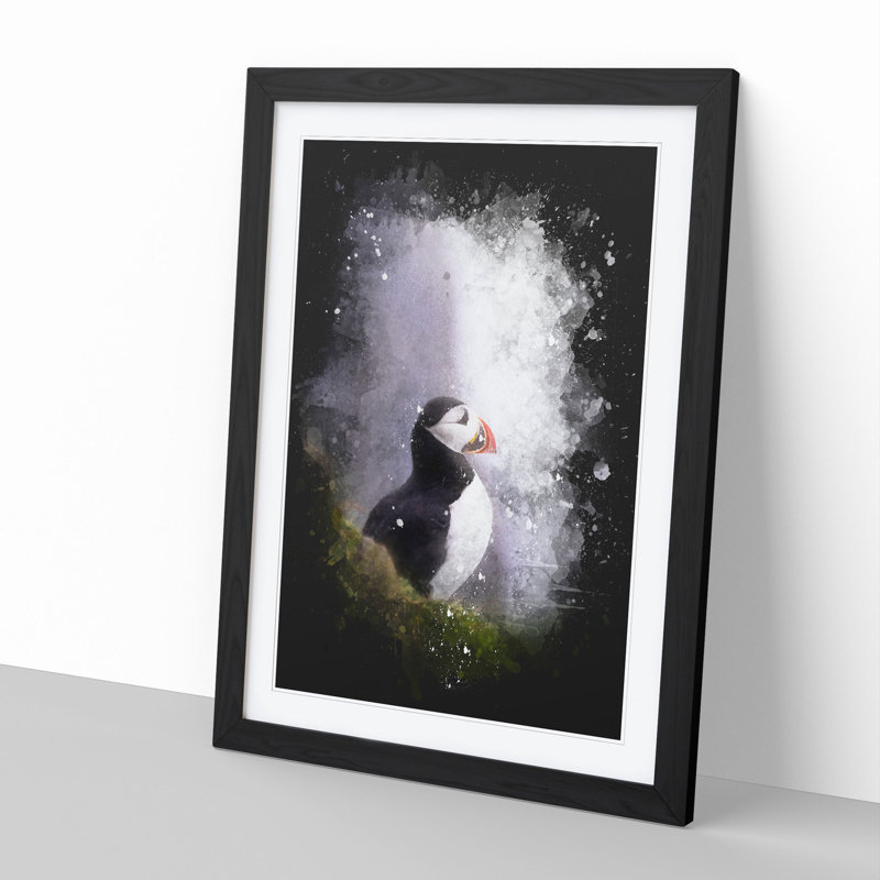 Atlantic Puffin Birds Vol.7 Paint Splash - Picture Frame Graphic Art, 65cm H x 48cm W x 2cm D, Black