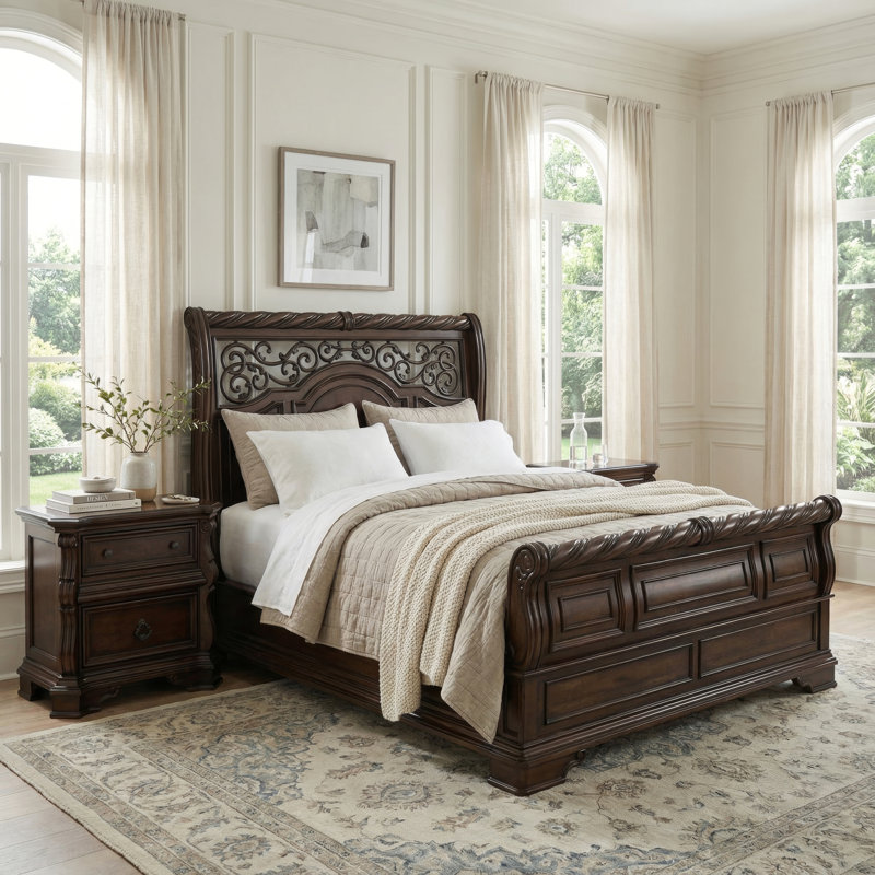 Ensemble de chambre avec grand lit-bateau et deux tables de chevet Ashyla, Queen