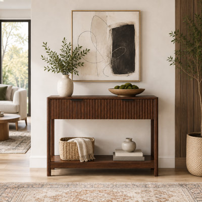 Mid-Century Modern Fluted Console Table with 2 Drawers and Open Shelf, Walnut Entryway Sofa Table