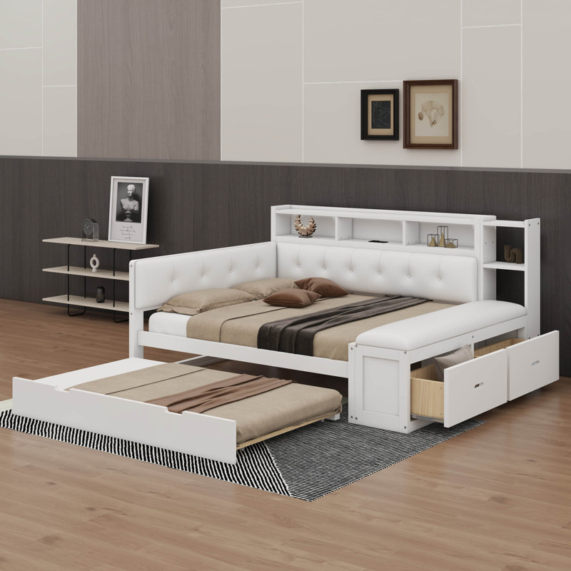 Wood Daybed With Trundle, Storage Shelves, Bench, Charging Station And Upholstered Headboard, White+Cream/White Cushion