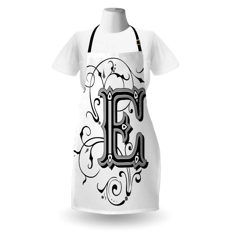 Tablier East Urban Home lettre E unisexe, signe Capitaized, taille adulte, noir gris blanc
