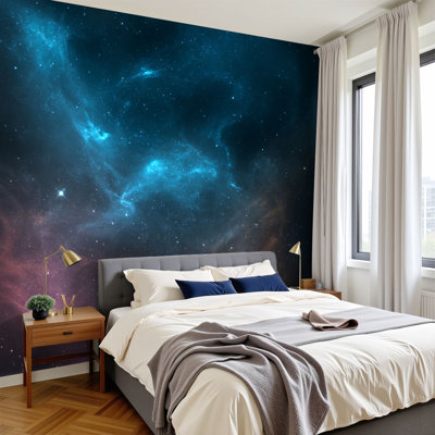 Peel and Stick Wallpaper 96" W x 69" H Modern Self Adhesive Wall Mural for Bedroom Celestial Fantasy Cosmic Galaxy Space Planet Stars Nebula Starry Sky