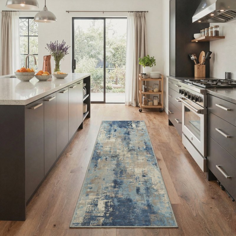 Tapis d'intérieur gris / bleu Aura, Tapis de couloir de 2 pi x 7 pi