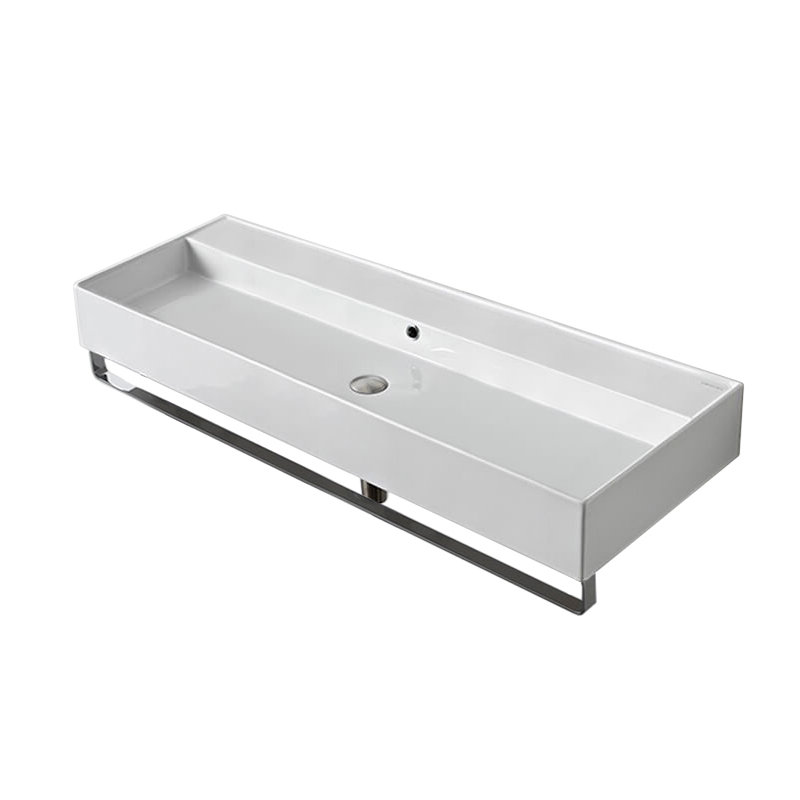 Lavabo de salle de bain mural rectangulaire en céramique avec trop-plein Teorema, Aucun trou