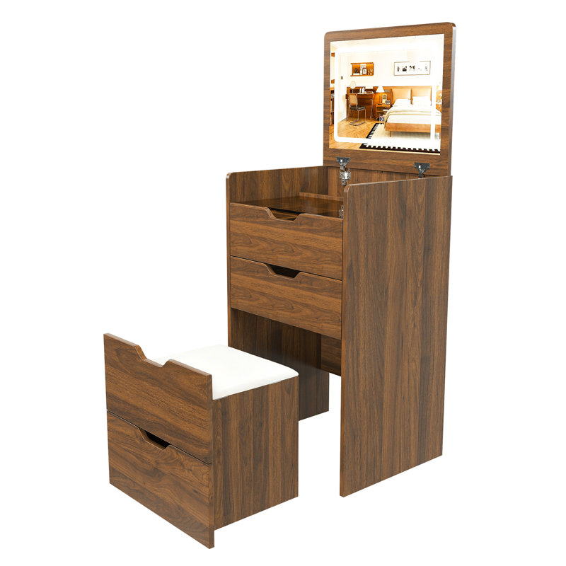 Bureau de coiffeuse 3-en-1 avec miroir éclairé et tabouret, coiffeuse à maquillage, rangement compact pour la chambre à coucher, la salle de bain et le vestiaire