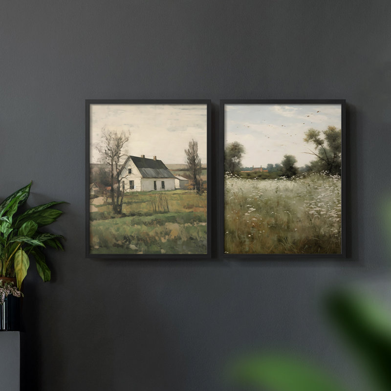 Vintage  Landscape IX  -Framed Giclee Print - Set of 2, 9" H x 22" W, Black