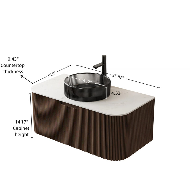 Lavabo flottant en verre noir transparent de 36 pouces en noyer foncé, Noyer foncé, L 36 po