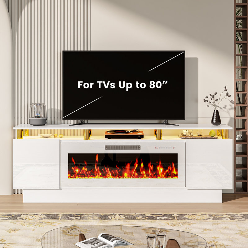 Meuble TV Aleila 70 po avec foyer électrique 40 po, console multimédia moderne à 2 niveaux pour salon, placards de rangement laqués brillants avec éclairage DEL, compatible avec les téléviseurs jusqu'à 80 po