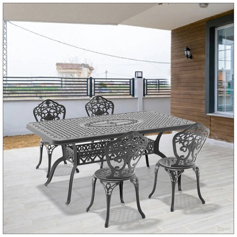 Ensemble de 5 pièces de mobilier de salle à manger en fonte d'aluminium toutes saisons avec cadre noir, 4