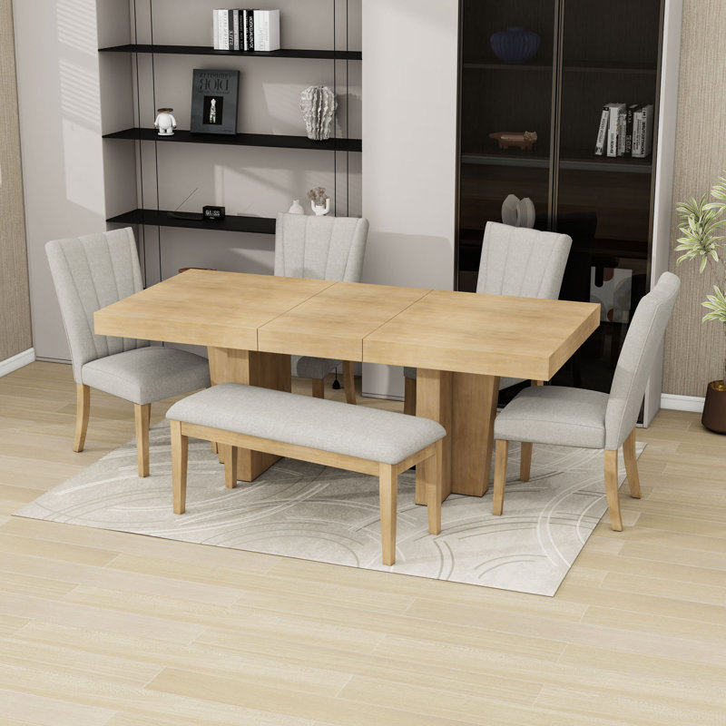 Ensemble de table de salle à manger 6 pièces avec table à tréteaux extensible, chaises rembourrées, banc et rallonge amovible