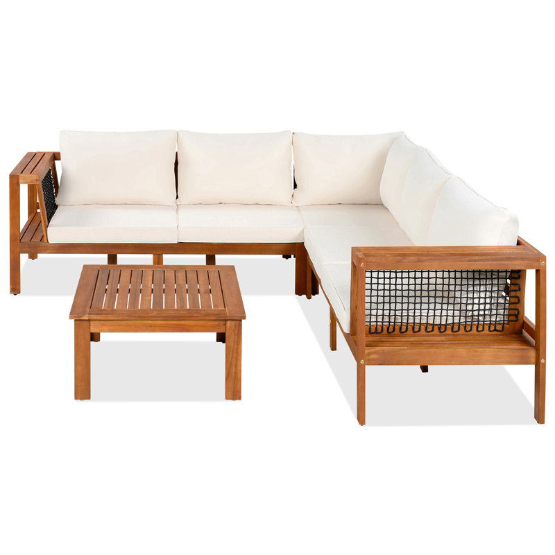 4 Pieces Outdoor Acacia Wood Sofa Set, Woven Mesh Armrests, L-Shaped Patio Furniture Sofa Set With Coffee Table, Outdoor Conversation Set With Cushions And Side Table