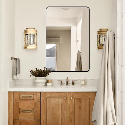 Bathroom Mirror, Brushed Aluminum Alloy Frame Vanity Rounded Rectangle Wall Mirror For Bedroom, Living Room, Hanging Or Leaning Horizontal Or Vertical