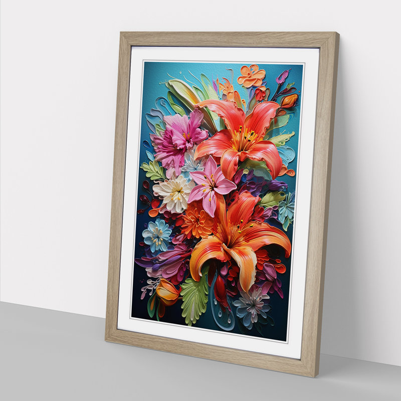 Floral Hard Edge Painting - Framed Print, Oak, 46cm H x 34cm W x 2cm D