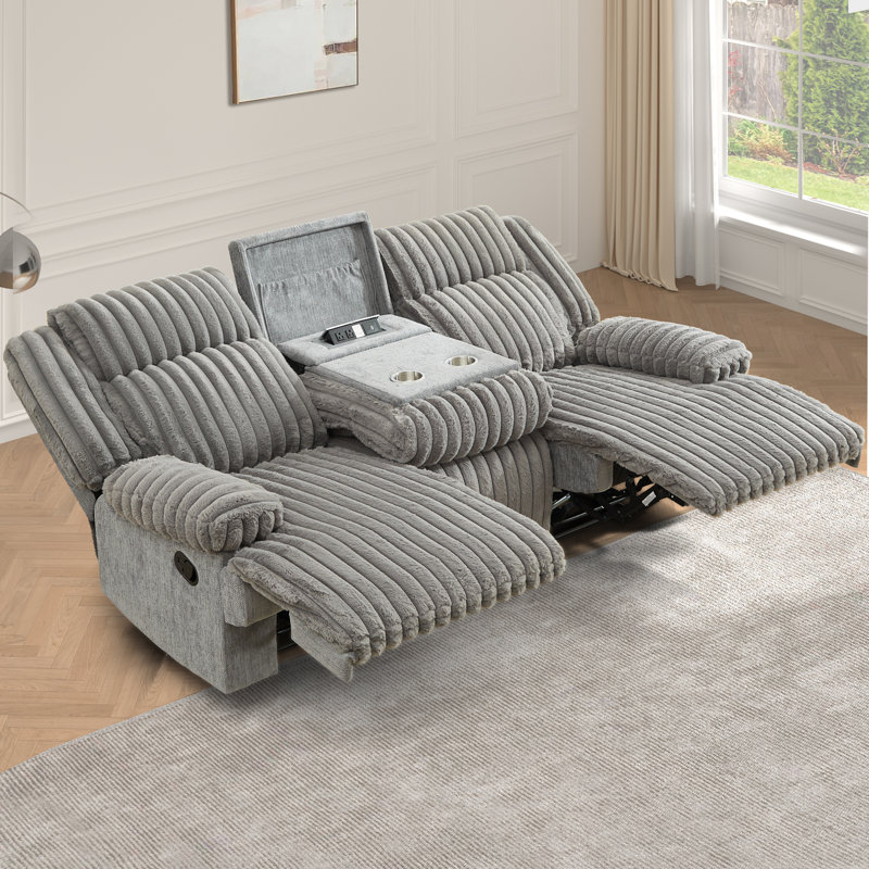 82.29"wide Pillow Top Arm Corduroy Upholstered Manual Double Reclining Sofa, Gray