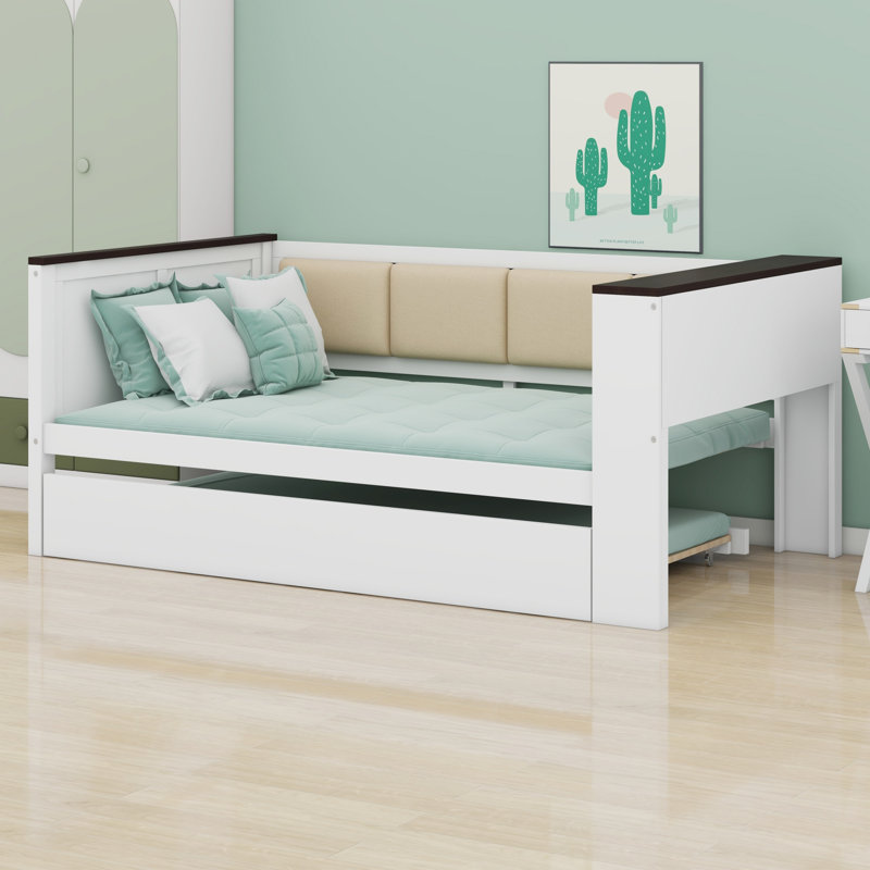 Wood Daybed With Storage Shelves, Upholstered Backrest,USB And Trundle, Twin