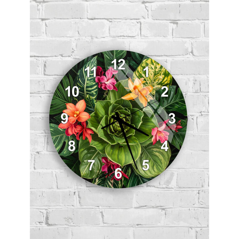 Horloge murale en verre trempé tropical, Noir romain, 14 pouces