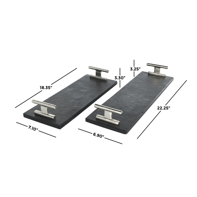 Aedic Mable Tray - Set of 2, 3.25"Hx6.9"Wx22.25"D & 3.3"Hx 7.1"Wx 18.35"D, Silver/Black