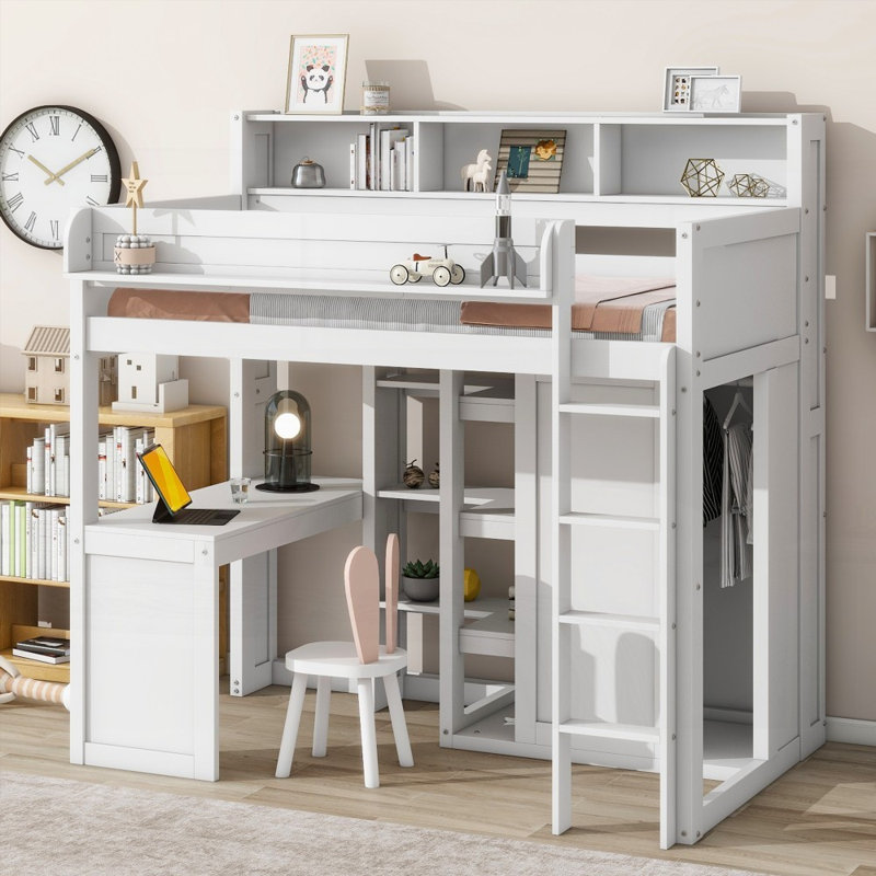 Lit mezzanine simple en bois avec rangement multiple - aucun sommier n'est requis, robuste!