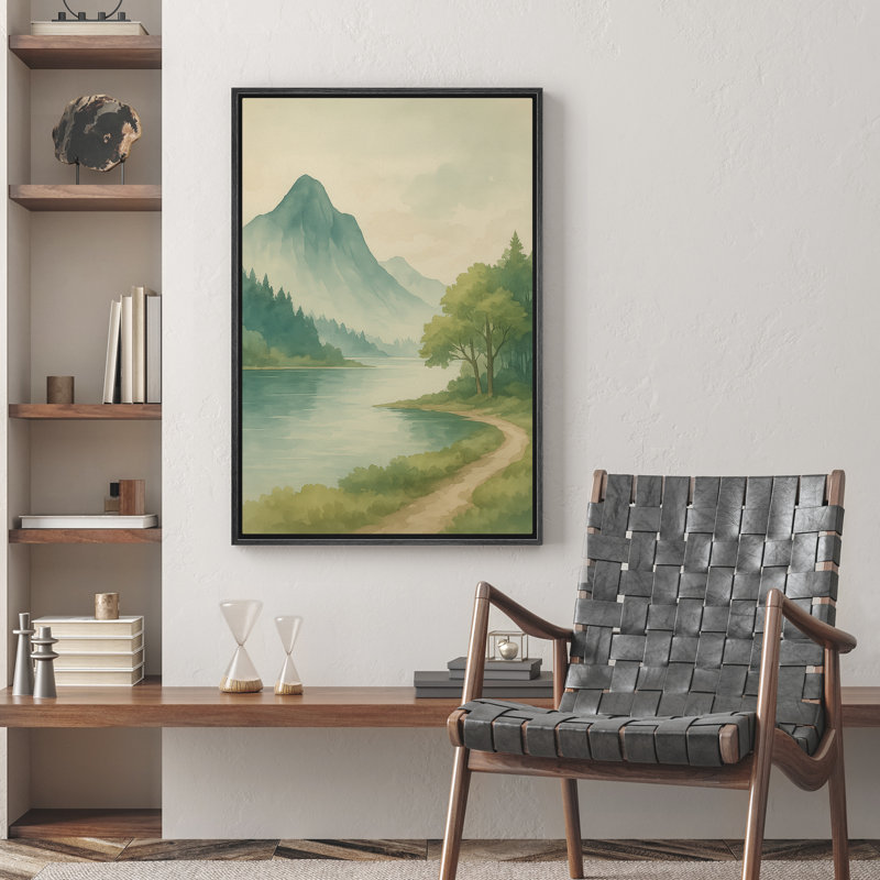 «Green Mountain and River», art mural, paysage d'aquarelle douce avec sentier forestier, H 24 po x l 16 po, Noir