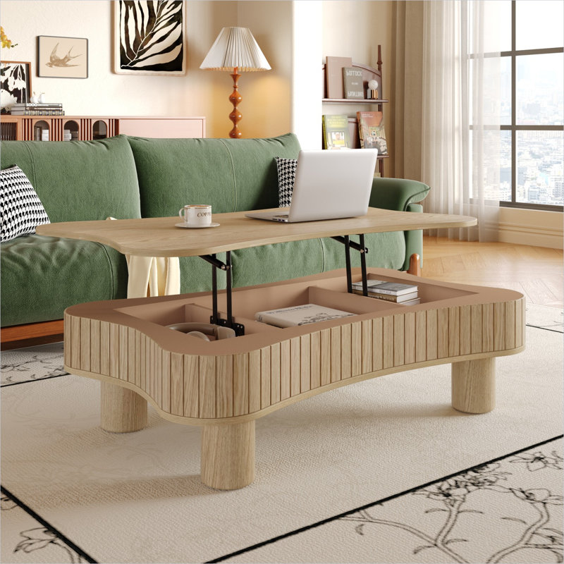 42-Inch Round Coffee Table with Lift Top, Natural-Toned Solid Wood, Fluted Panels, Hidden Storage