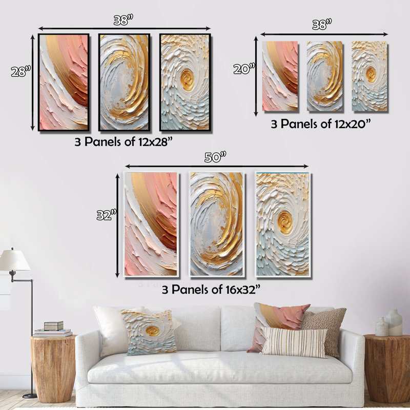 «Peach And Gold Spiral Radiance», 3 pièces sur toile, H 40 po x l 60 po, Cadre flottant doré
