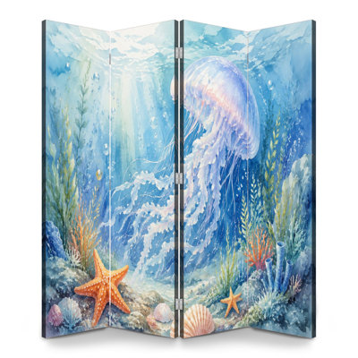 4 Panels Folding Screen Room Divider Royal Underwater Scene Vibrant Jellyfish Marine Life Watercolor Canvas Screen Room Separator Freestanding Protective Wall Divider Privacy Partition for Bathroom