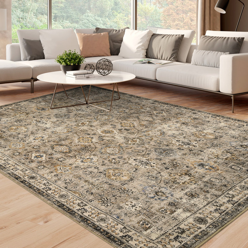 Tapis à motif floral rétro Boho, Beige, Rectangle 5' x 7'