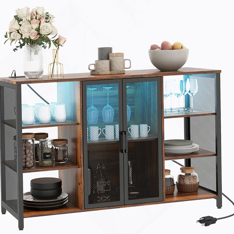 Armoire à vin à DEL avec supports en verre pour station de charge, brun rustique