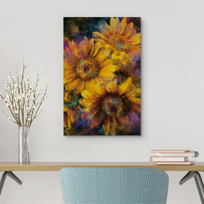 Sunflower " Yellow Sunflower Painting Effect Flowers Multicolor Vintage Rustic Botanical And Floral Wall Decor "