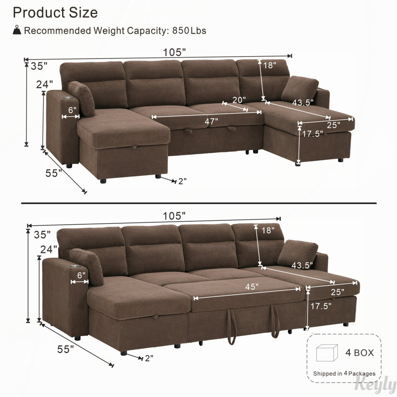 Canapé-lit modulaire en U avec chaises de rangement doubles, Tissu café