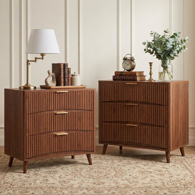 Ensemble de grande table de chevet cannelée l 31,5 po, ensemble de 2 tables de chevet à 3 tiroirs, petite commode en bois de style Mid-Century pour chambre à coucher