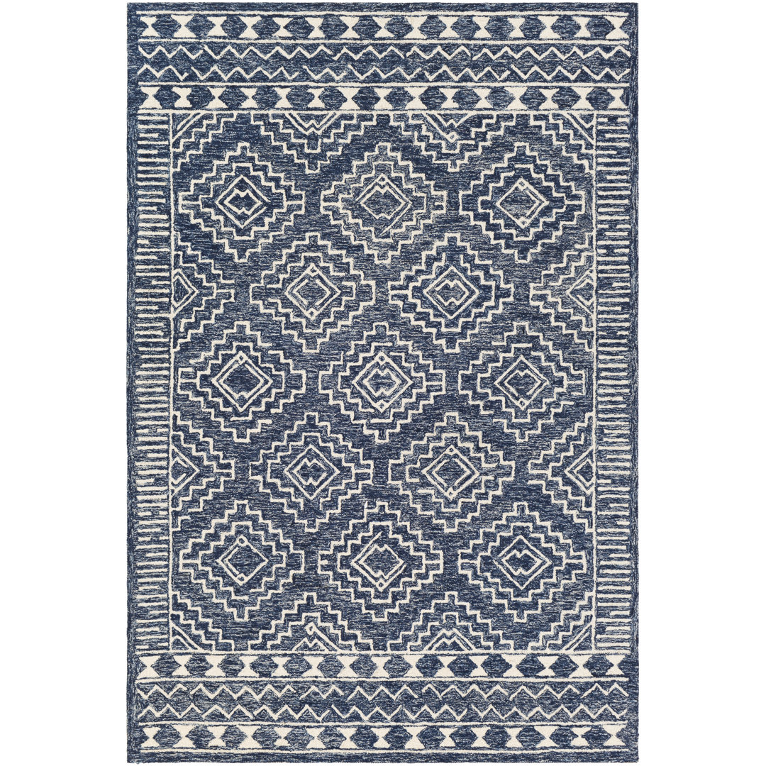 Ammann Geometric Handmade Tufted Wool Navy/White Area Rug Wade Logan® Rug 