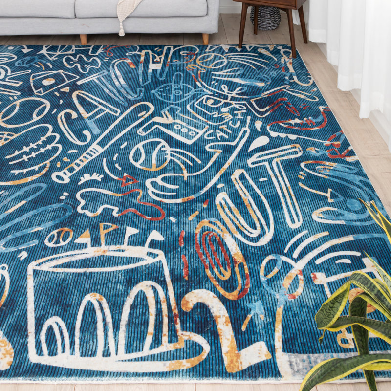 Tapis bleu tissé à la machine Sportsglyphs, Rectangle 5 pi x 7 pi