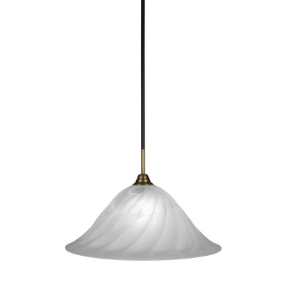 Luminaire suspendu à tige Austr, fini noir mat et laiton avec verre tourbillon blanc albâtre de 20 po