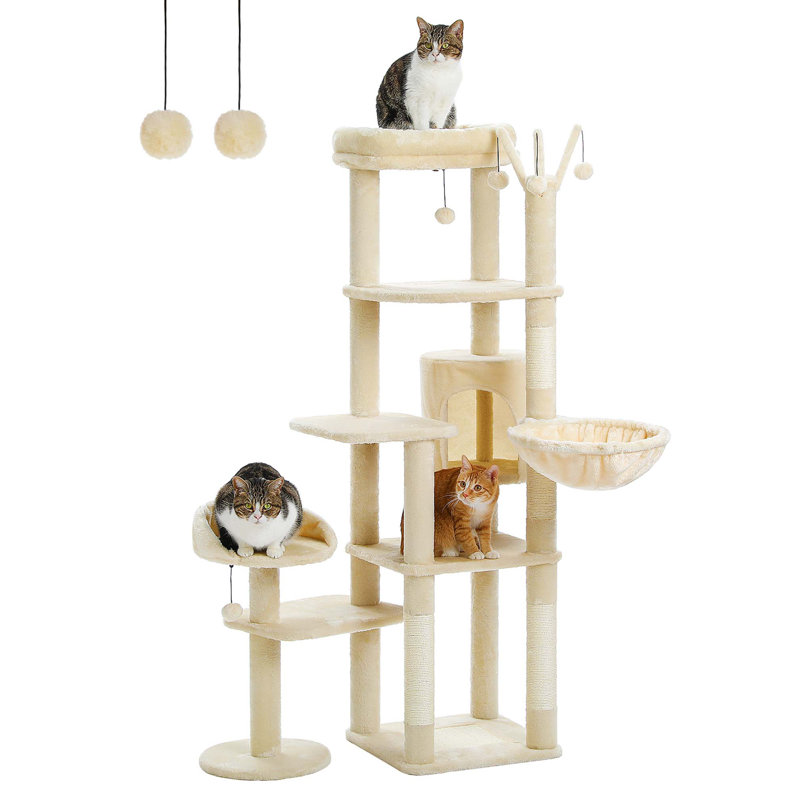 Beige Multi-Level Cat Tree Tower with Hammock and Scratching Posts