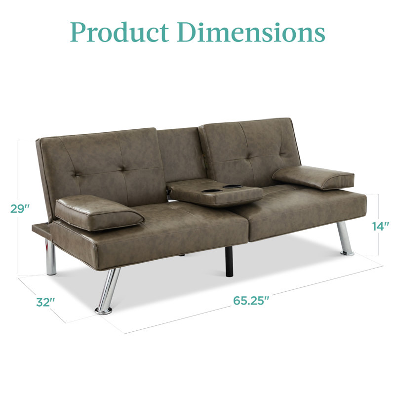 Owlex Modern Convertible Futon Sofa w/ Removable Armrests, 2 Cupholders, Gray Faux Leather