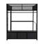 Lit mezzanine de jeu noir en métal pleine grandeur avec rangement à DEL, bureau, garde-robe ouverte et 3 tiroirs pour le rangement des nécessités quotidiennes