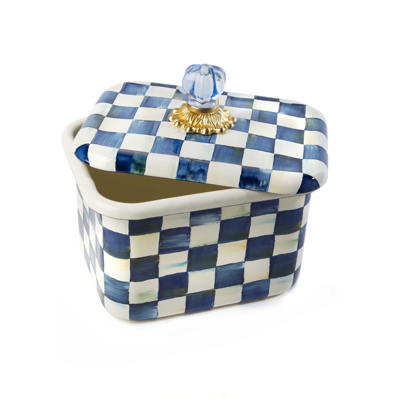 Elegant Royal Check Hand-Painted Recipe Box with Glass Knob