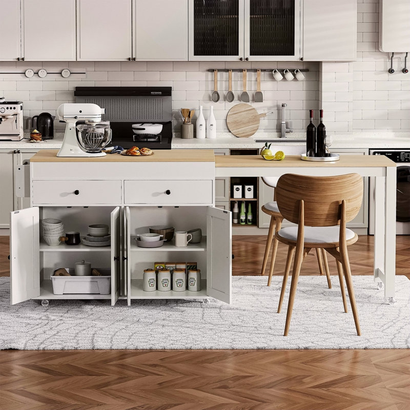 74.5 Inch Kitchen Island With Extendable Dining Table , Rolling Kitchen Island On Wheels With Spice Rack And 2 Drawers, 4 Door Cabinet, For Kitchen, Dining Room (One Package)