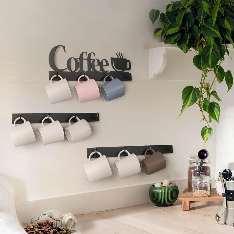 Support mural pour tasse à café, porte-tasse à café fixé au mur avec 12 crochets robustes et enseigne de café en métal, décoration de support de tasse à thé antirouille pour bar à café, cuisine, bureau