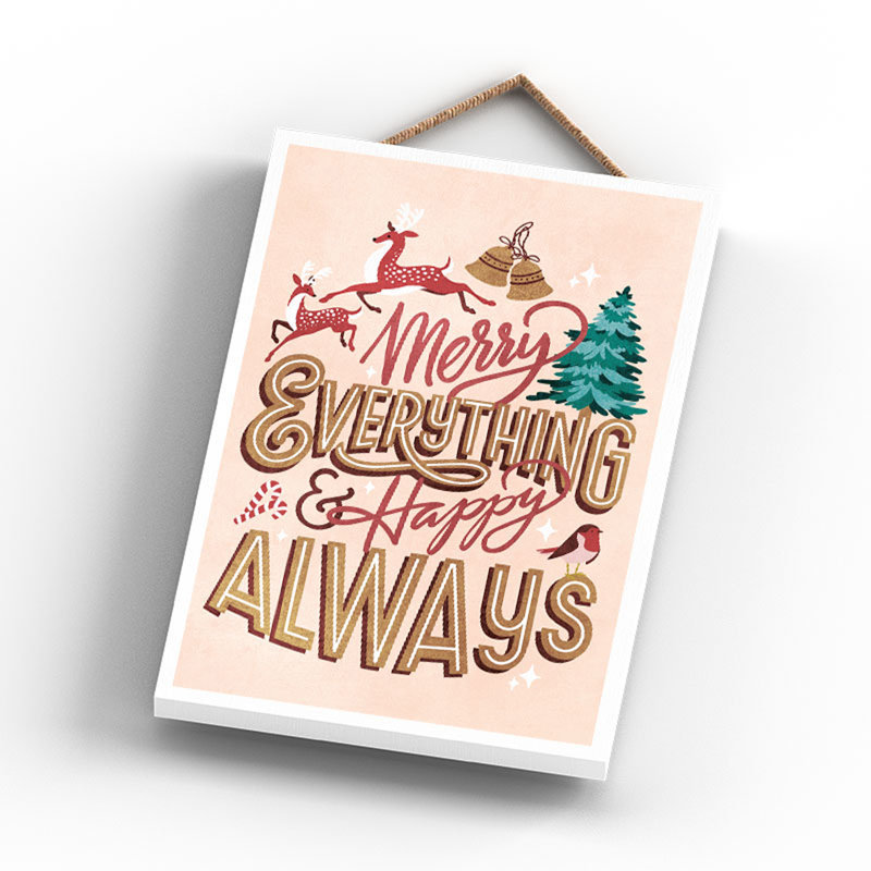 Xmas Merry Everything Happy Always Wooden Plaque, Pink, 18.5cm H x 12cm W x 0.9cm D