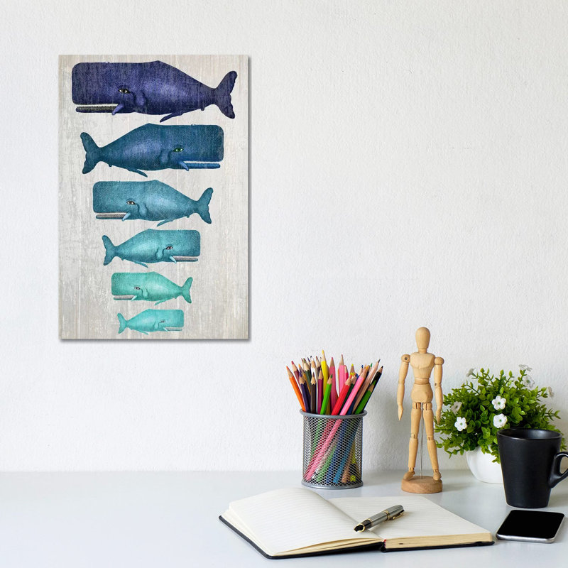 «Whale Family Blue on White» par Fab Funky - impression d'art graphique, H 12 po x l 8 po x P 0,75 po, Toile tendue