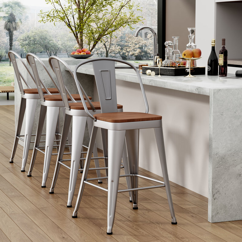 Comptoir et tabourets de bar en métal à haut dossier, Argent argent, Tabouret de bar (siège d'une hauteur de 30 po)