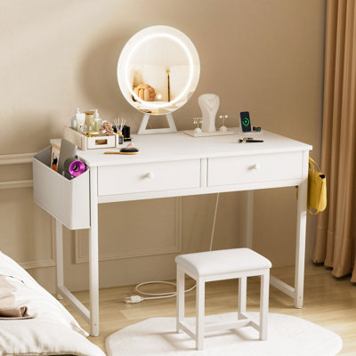 Built-In Outlets Makeup Table Vanity Set With Lighted Mirror & Bench